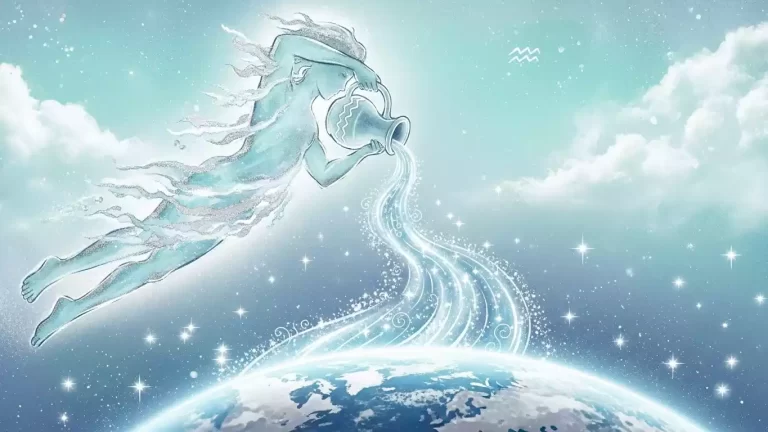 Ilustración etérea en acuarela del signo Acuario vertiendo energía sobre el mundo para la Temporada de Acuario 2026.