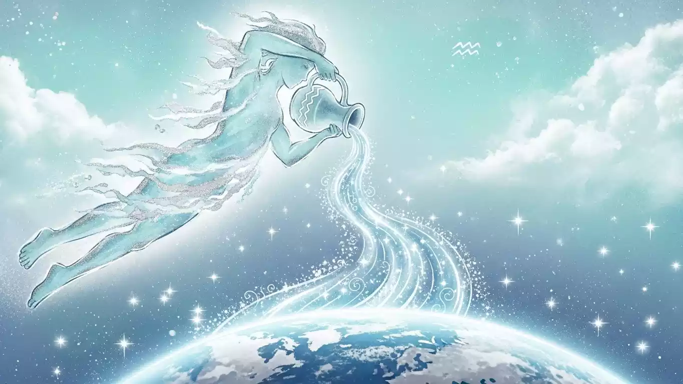 Ilustración etérea en acuarela del signo Acuario vertiendo energía sobre el mundo para la Temporada de Acuario 2026.